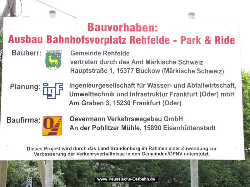 mit der Bauanlaufberatung in dieser Woche wurde die Realisierung des Vorhabens "Park& Ride, Parkplatz Rehfelde" durch die Gemeinde Rehfelde und das Amt Märkische Schweiz eingeleitet. Am 06.10.2008 um 15.00h wird mit dem Spatenstich vor dem Bahnhofsge